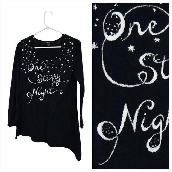 Womens Black Sweater Starry Night Embellished Script Snowflake Asymmetric Tunic - Picture 9 of 9